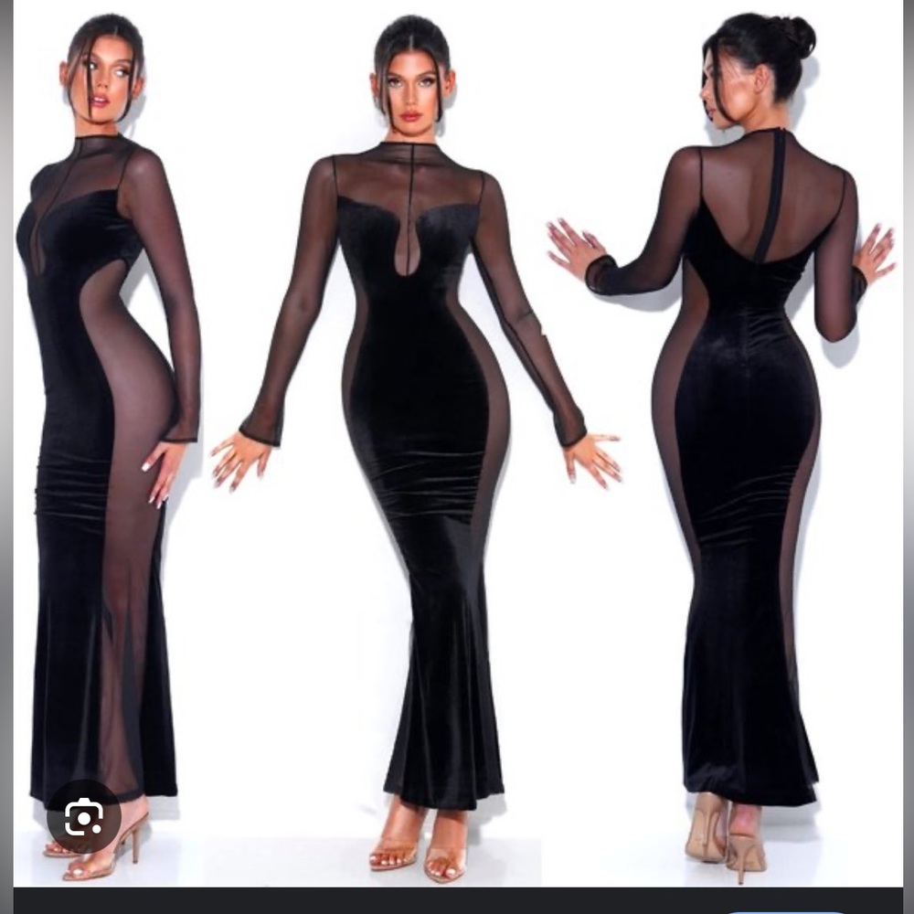 Miss Circle Paislee Black Velvet Mesh Long Sleeve Gown